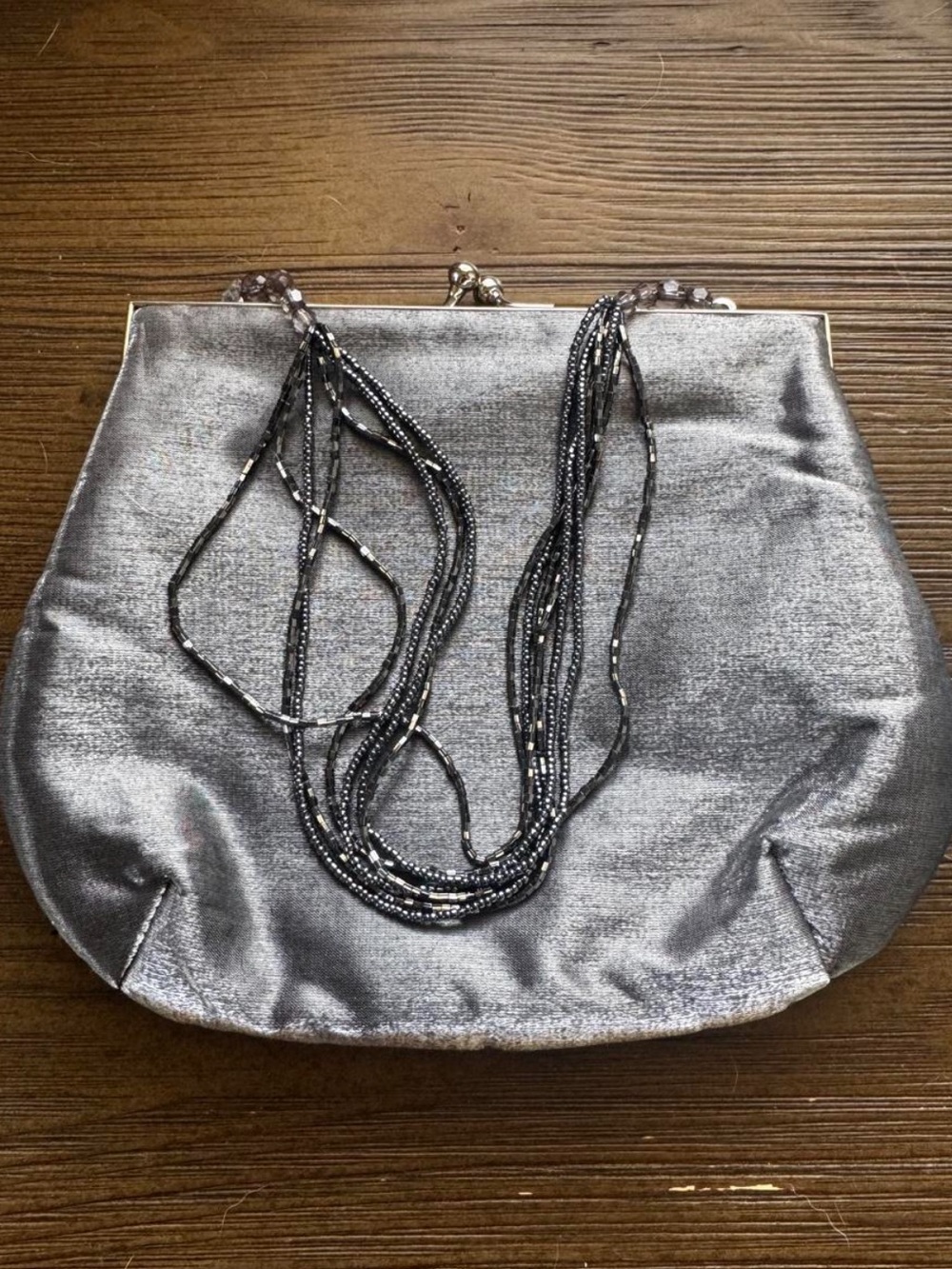 Hillard & Hanson Silver Metallic Beaded-Strap Evening Clutch